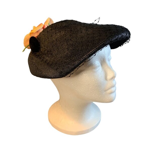 Abramson's Ladies Black Hat with Silk Flower and Velvet Button Vintage - Picture 1 of 10